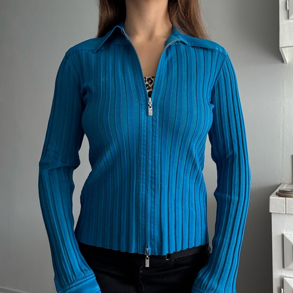 Cache Vintage blue Silk Zip-Up Y2k 90s Sweater